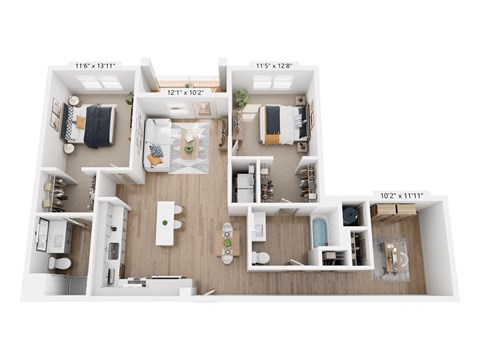 Floor plan for 2 beds, 2 baths, 1242 sqft